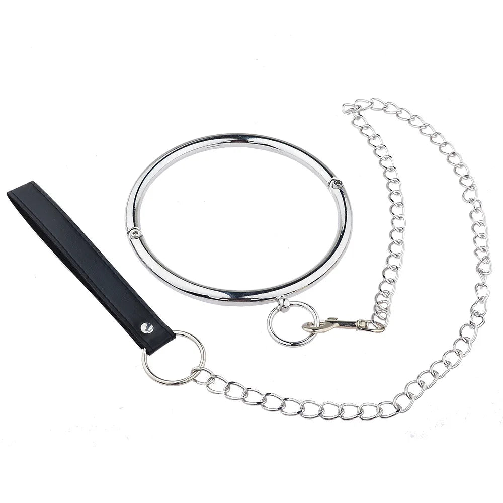 Stainless Steel Lockable Metal Slave Neck Collar Hex Wrench Restraint BDSM Bondage Choker Necklace O-Rings Adult Game Sex Toy