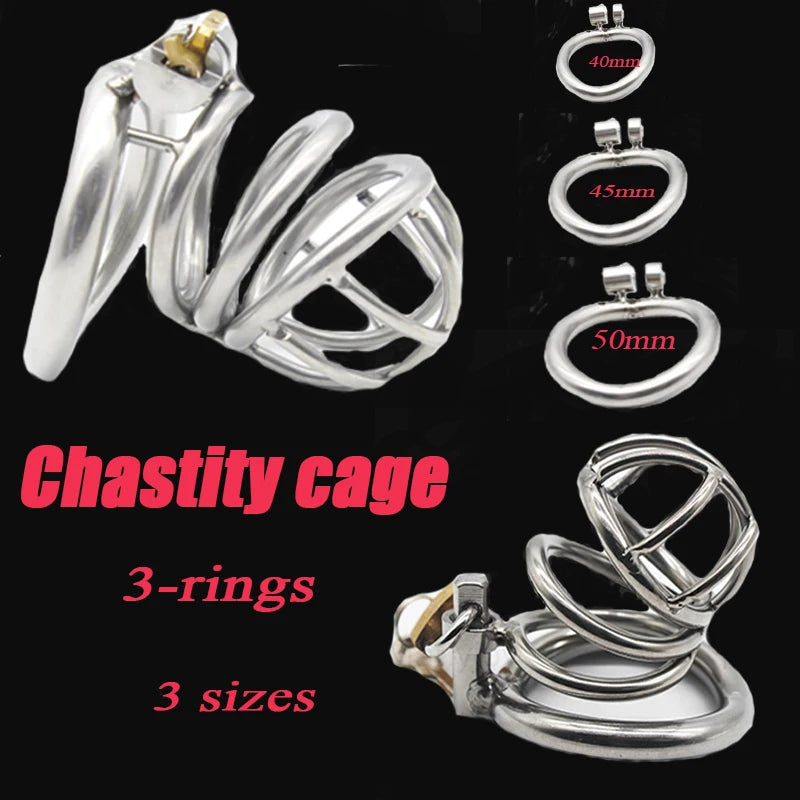 Stainless Steel Male 3 Rings Chastity Cage Device 2 Type Metal Cock Cage Penis Lock Slave Bondage SM Sex Toys for Men Adult Gay