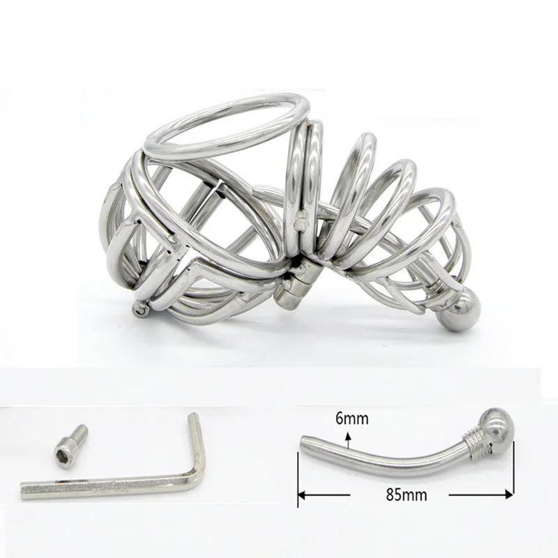 Stainless Steel Male Chastity Device with Urethral Catheter Chastity Penis Ring Cock Cage Virginity Lock Penis Cage A071 BDSM