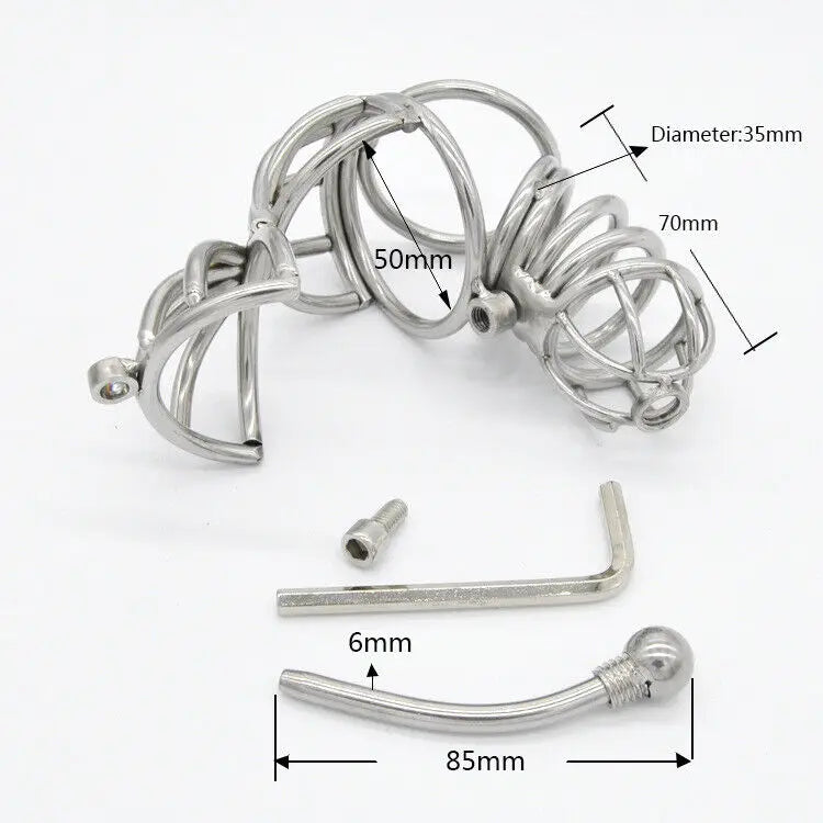 Stainless Steel Male Chastity Device with Urethral Catheter Chastity Penis Ring Cock Cage Virginity Lock Penis Cage A071 BDSM