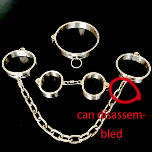 Stainless Steel Metal Neck Collar Handcuffs Ankle Cuffs Slave BDSM Bondage Set Detachable Metal Wrist Cuffs Foot Cuff Sexy Toys