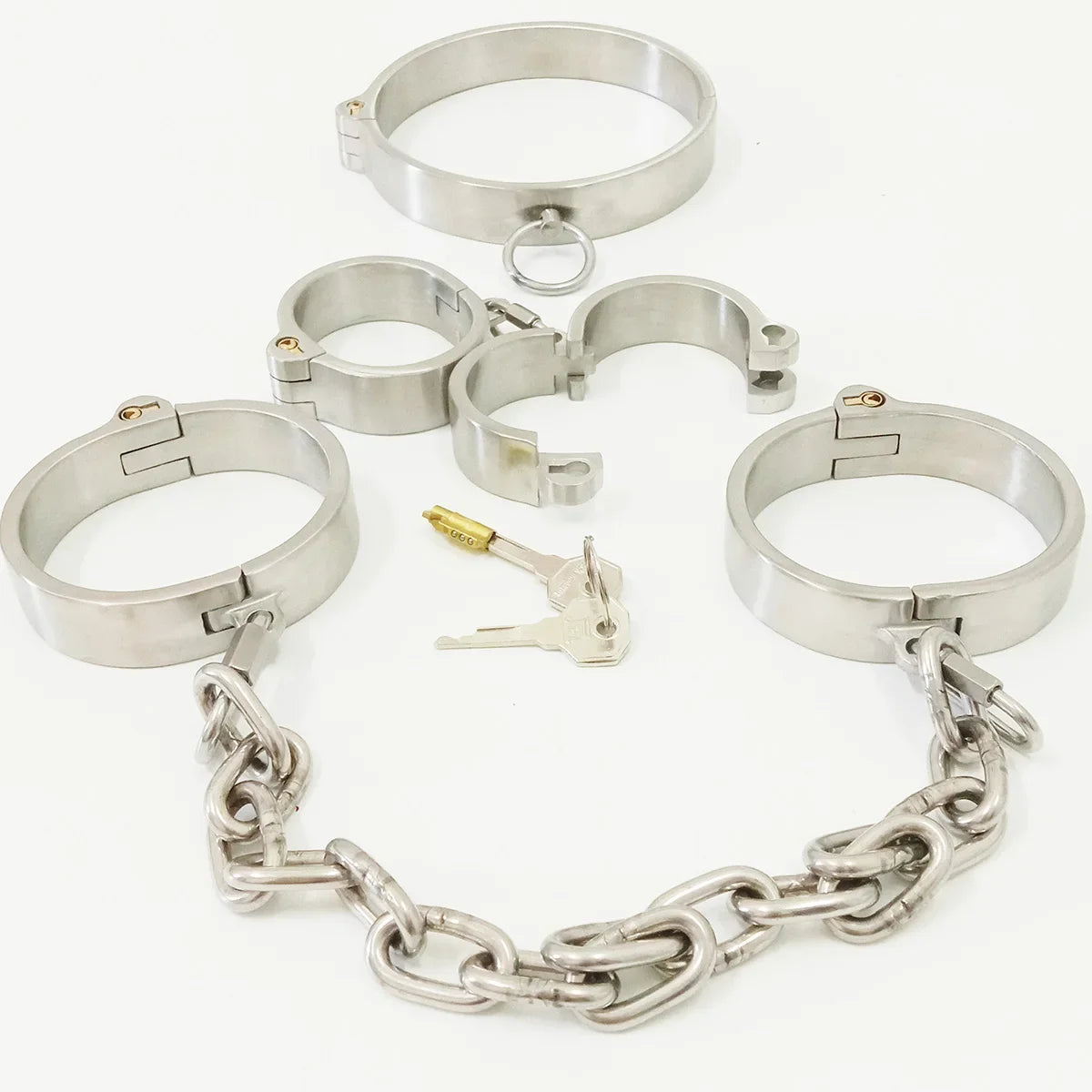 Stainless Steel Metal Neck Collar Handcuffs Ankle Cuffs Slave BDSM Bondage Set Detachable Metal Wrist Cuffs Foot Cuff Sexy Toys