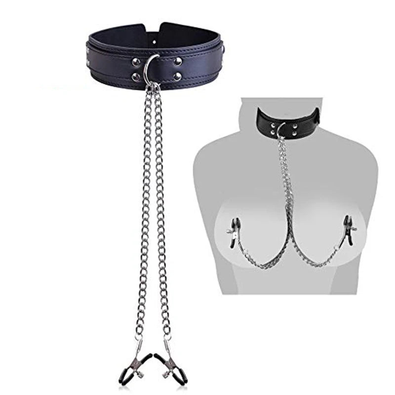 Stainless Steel/PU Neck Collar with Nipple Clips Adjustable Belt BDSM Restraints Bondage Collar Sex Product for Men Women Couple