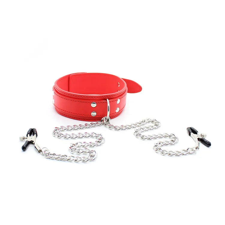 Stainless Steel/PU Neck Collar with Nipple Clips Adjustable Belt BDSM Restraints Bondage Collar Sex Product for Men Women Couple