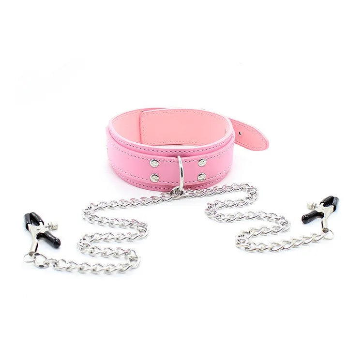 Stainless Steel/PU Neck Collar with Nipple Clips Adjustable Belt BDSM Restraints Bondage Collar Sex Product for Men Women Couple