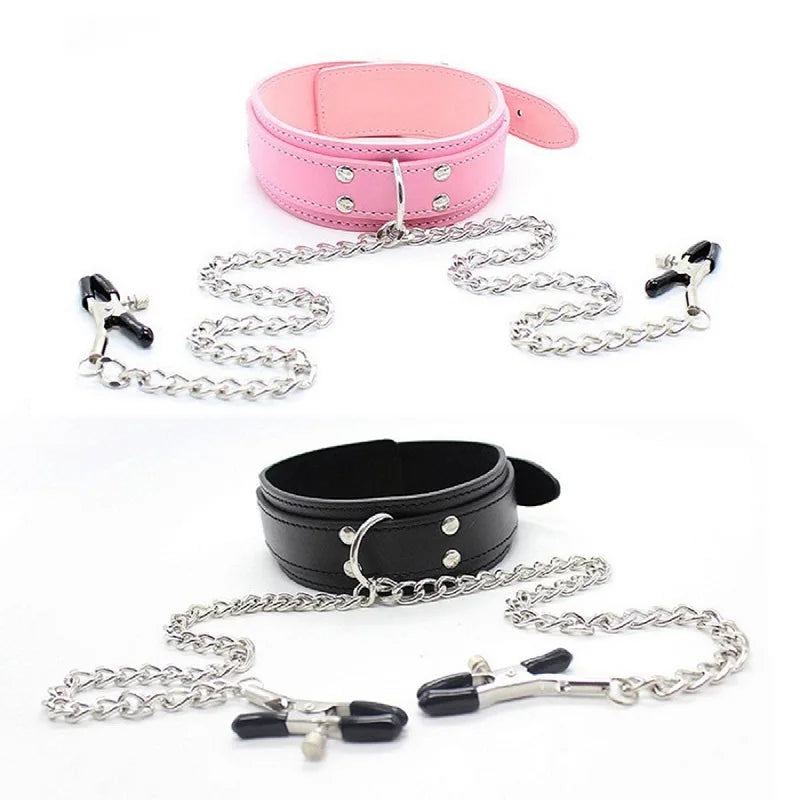 Stainless Steel/PU Neck Collar with Nipple Clips Adjustable Belt BDSM Restraints Bondage Collar Sex Product for Men Women Couple