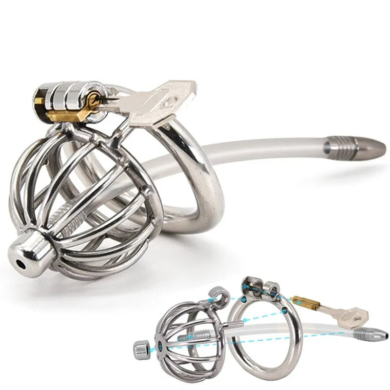 Small Short Stainless Steel Chastity Device with Urethral Catheter