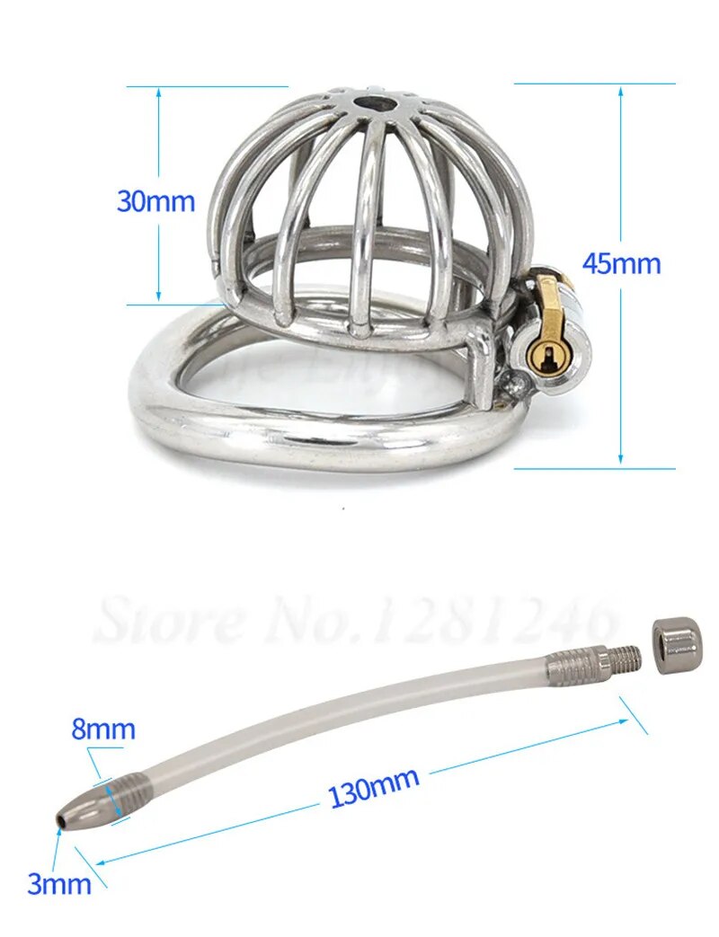 Small Short Stainless Steel Chastity Device with Urethral Catheter