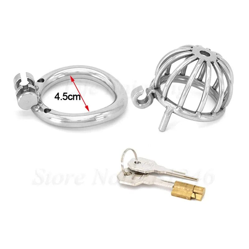 Small Short Stainless Steel Chastity Device with Urethral Catheter