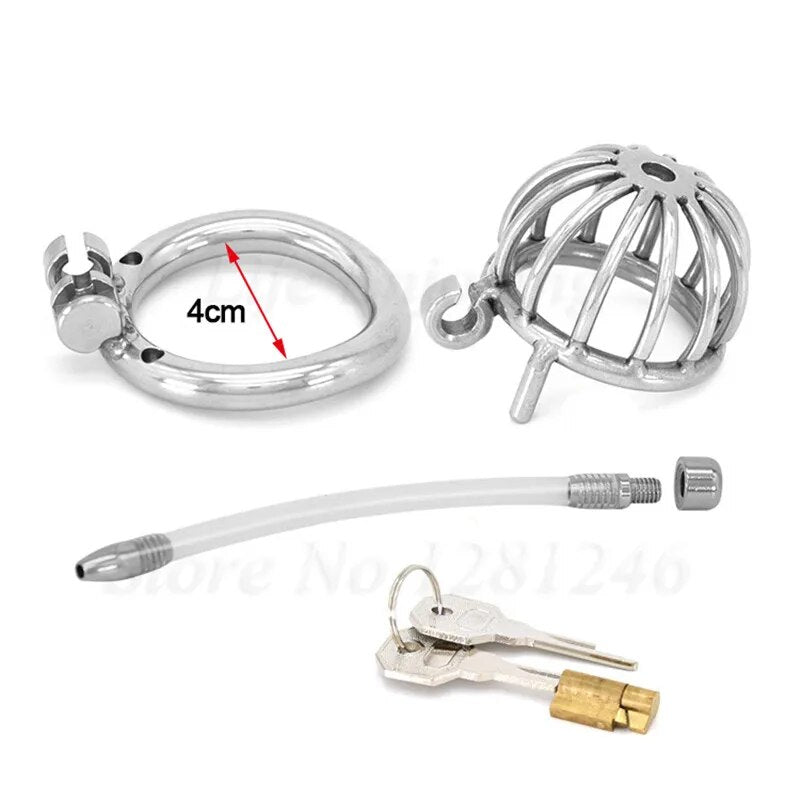 Small Short Stainless Steel Chastity Device with Urethral Catheter