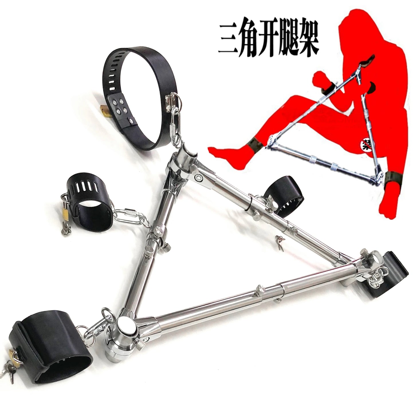 Stainless Steel Triangle Open Leg Spreader Bar Bondage Device with Leather Neck Collar Wrist Ankle Cuffs Restraint Frame Sex Toy