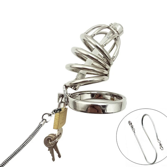 Stainless steel Male long cage Chastity Device urethral sound metal chain cock penis ring lock BDSM restraint sex toy for men