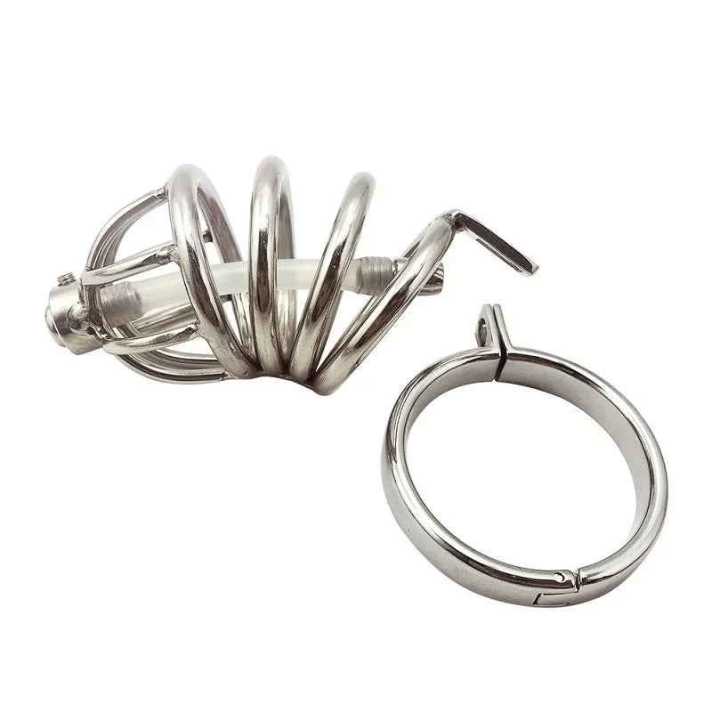 Stainless steel Male long cage Chastity Device urethral sound metal chain cock penis ring lock BDSM restraint sex toy for men