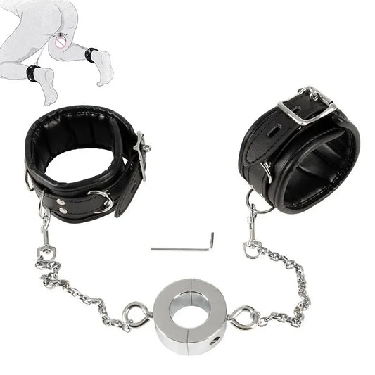 Stainless steel heavy ball stretcher penis lock cock ring delay leather bondage handcuff with chain set metal slave couple game