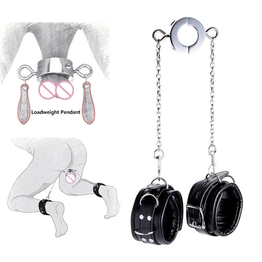 Stainless steel heavy ball stretcher penis lock cock ring delay leather bondage handcuff with chain set metal slave couple game