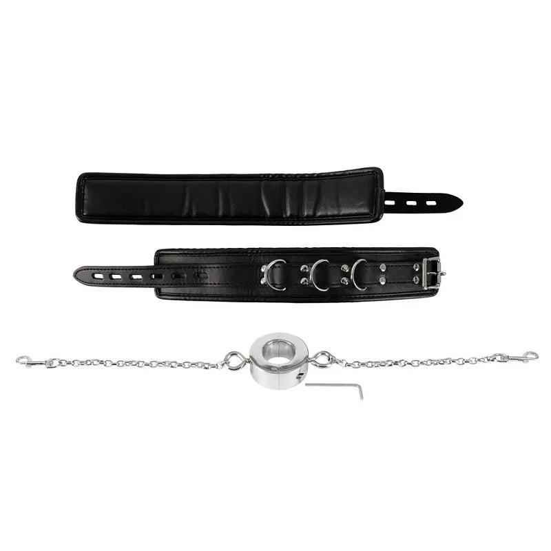 Stainless steel heavy ball stretcher penis lock cock ring delay leather bondage handcuff with chain set metal slave couple game