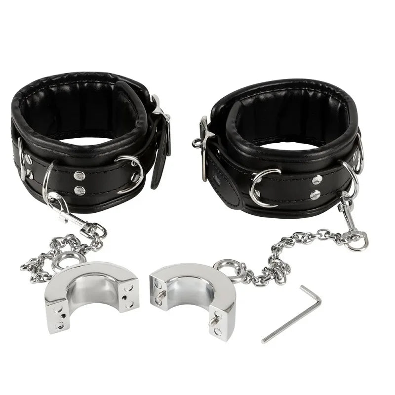 Stainless steel heavy ball stretcher penis lock cock ring delay leather bondage handcuff with chain set metal slave couple game