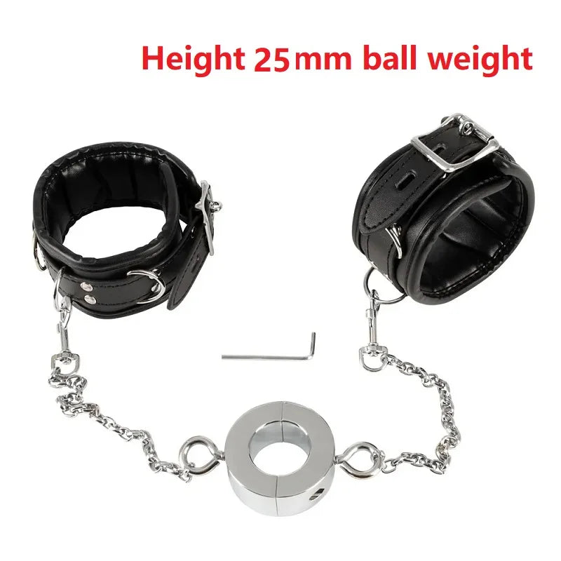 Stainless steel heavy ball stretcher penis lock cock ring delay leather bondage handcuff with chain set metal slave couple game