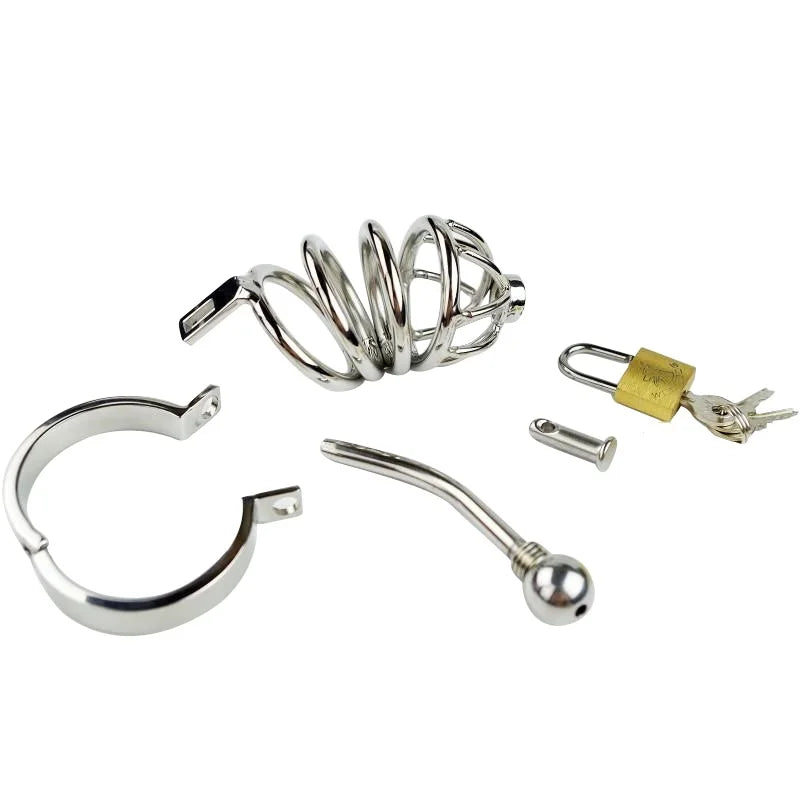 Stainless steel penis lock Bird Chastity cage cock ring urethral plug sound metal slave bondage restraint belt sex toy male