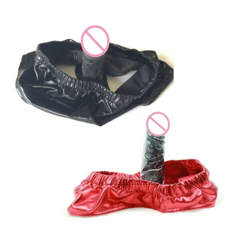 Strap on Inside Dildo Patent Leather Panties Rubberized Pants Anal Butt Plugs Female Chastity Underwear Penis Plug