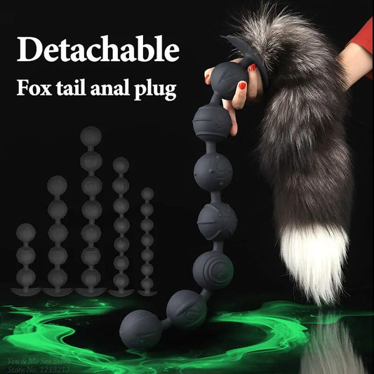 Super Long 7 Ball Anal Beads Plug Fox Tail Cosplay ButtPlug Separable Vaginal Expansion Anus Dilator Adult Sex Toy for Men Woman