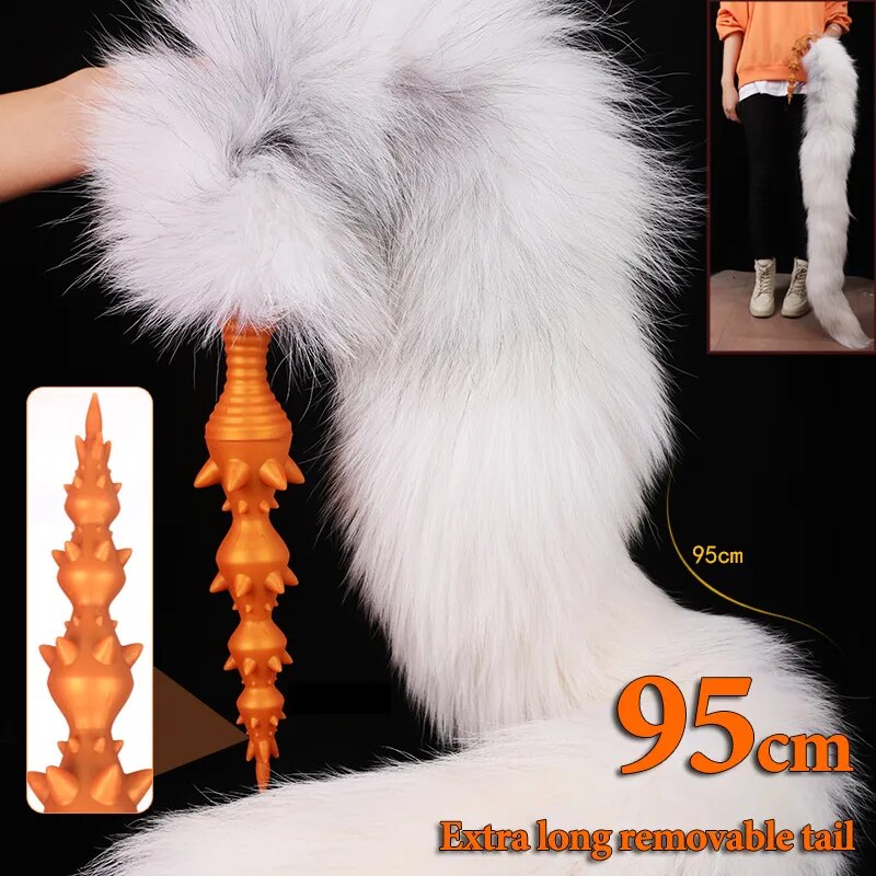 Fox Tail Wolf Teeth Anal Beads Long Butt Plug