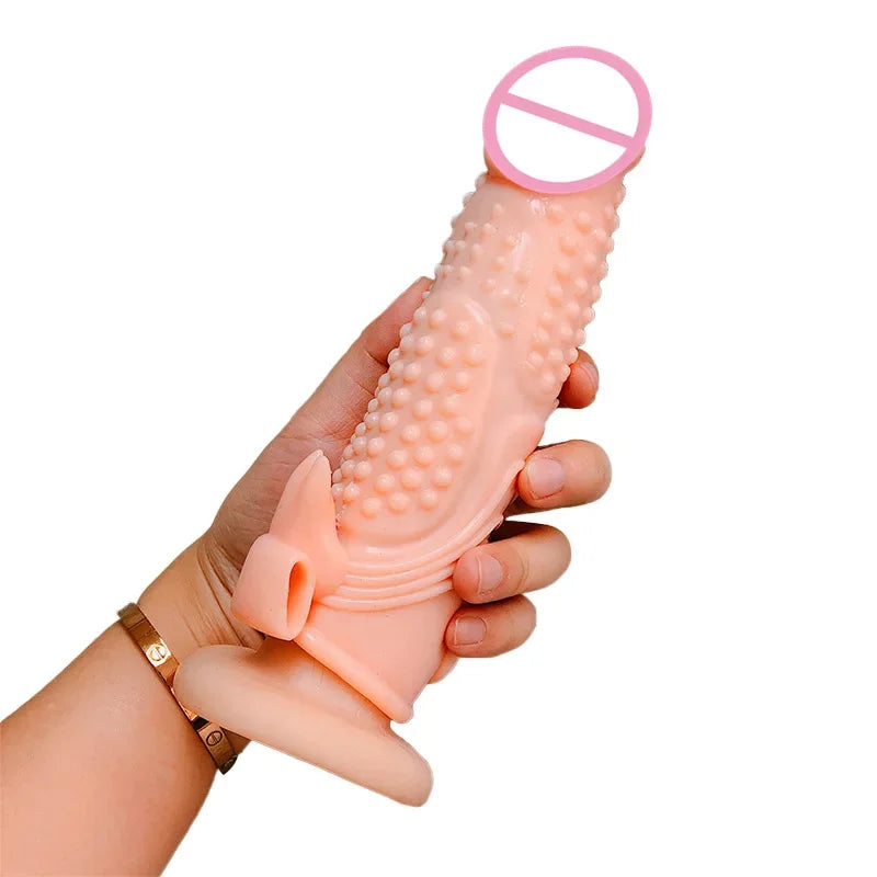 Vibrating Penis Extender Sleeve Reusable Condom Male Cock Enlargement Sleeve Vibrator Spike Dick Cover Sex Toys Adult Products