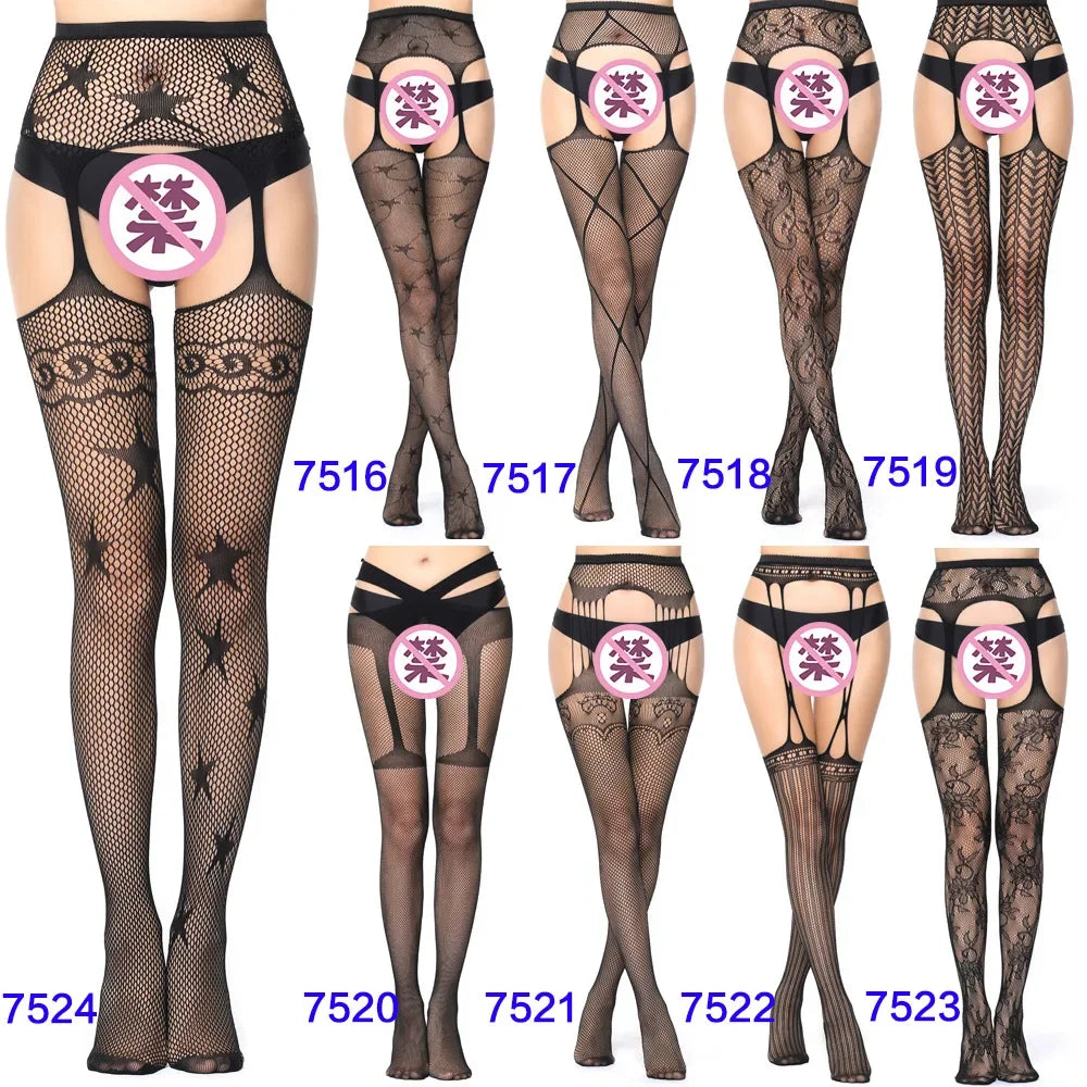 Women Black Stockings With Belt Set High Fishnet Tights Erotic Lingerie Sexy Pantyhose Floral Print Long Mesh Lace Stocking