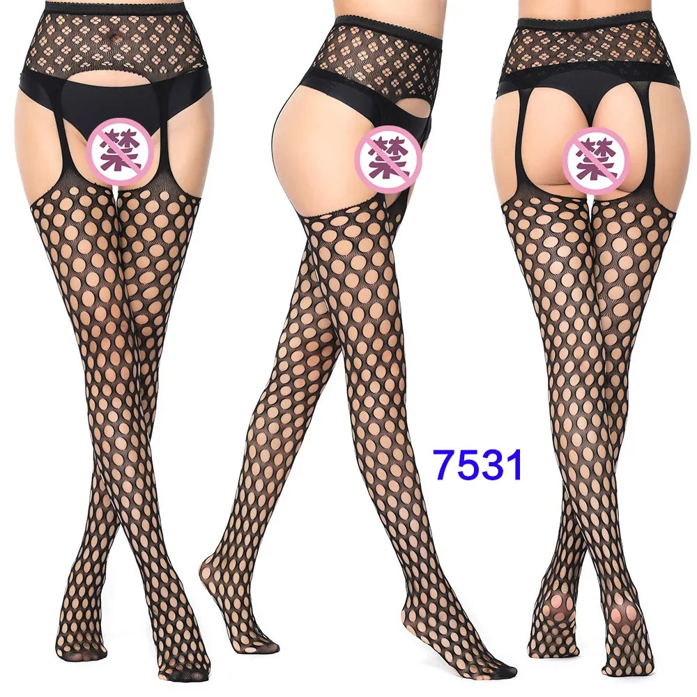 Women Black Stockings With Belt Set High Fishnet Tights Erotic Lingerie Sexy Pantyhose Floral Print Long Mesh Lace Stocking