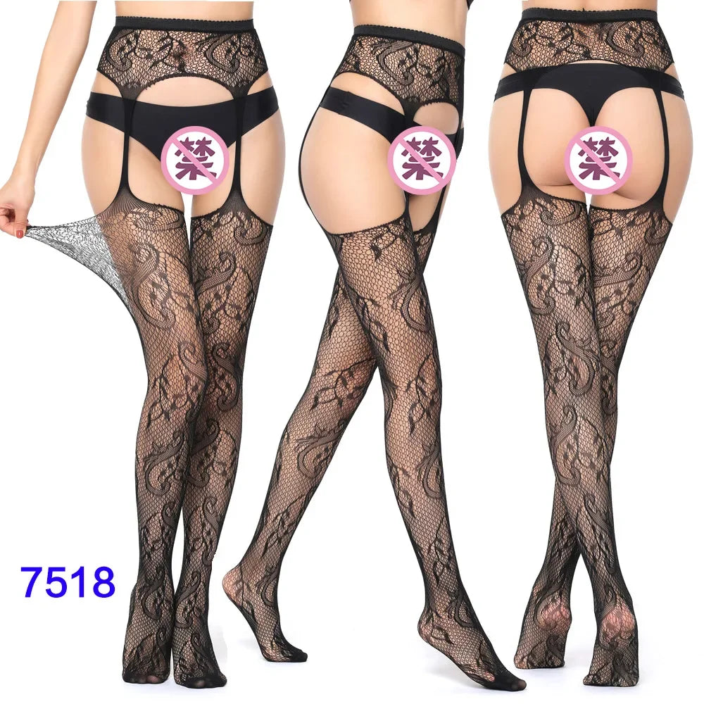 Women Black Stockings With Belt Set High Fishnet Tights Erotic Lingerie Sexy Pantyhose Floral Print Long Mesh Lace Stocking