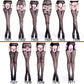 Women Black Stockings With Belt Set High Fishnet Tights Erotic Lingerie Sexy Pantyhose Floral Print Long Mesh Lace Stocking