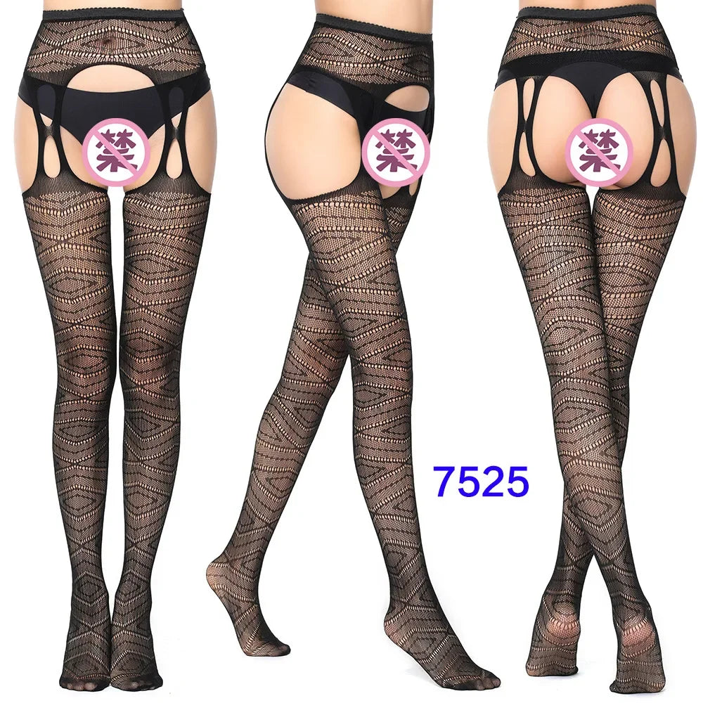 Women Black Stockings With Belt Set High Fishnet Tights Erotic Lingerie Sexy Pantyhose Floral Print Long Mesh Lace Stocking