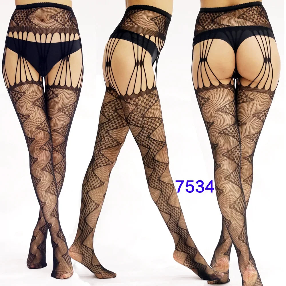 Women Black Stockings With Belt Set High Fishnet Tights Erotic Lingerie Sexy Pantyhose Floral Print Long Mesh Lace Stocking