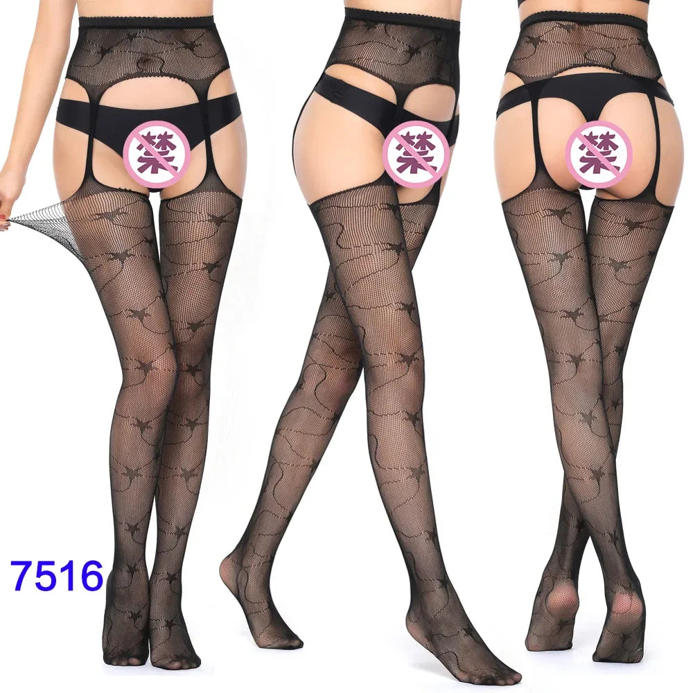 Women Black Stockings With Belt Set High Fishnet Tights Erotic Lingerie Sexy Pantyhose Floral Print Long Mesh Lace Stocking