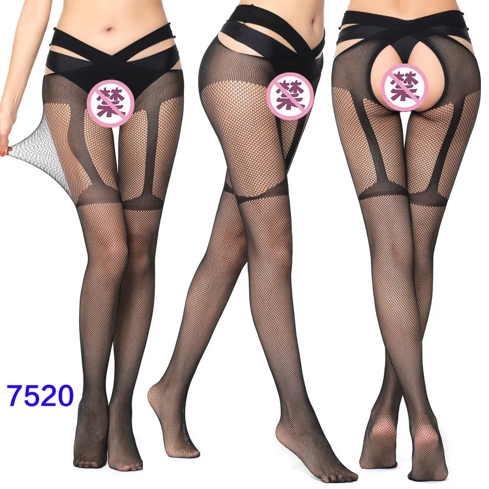 Women Black Stockings With Belt Set High Fishnet Tights Erotic Lingerie Sexy Pantyhose Floral Print Long Mesh Lace Stocking