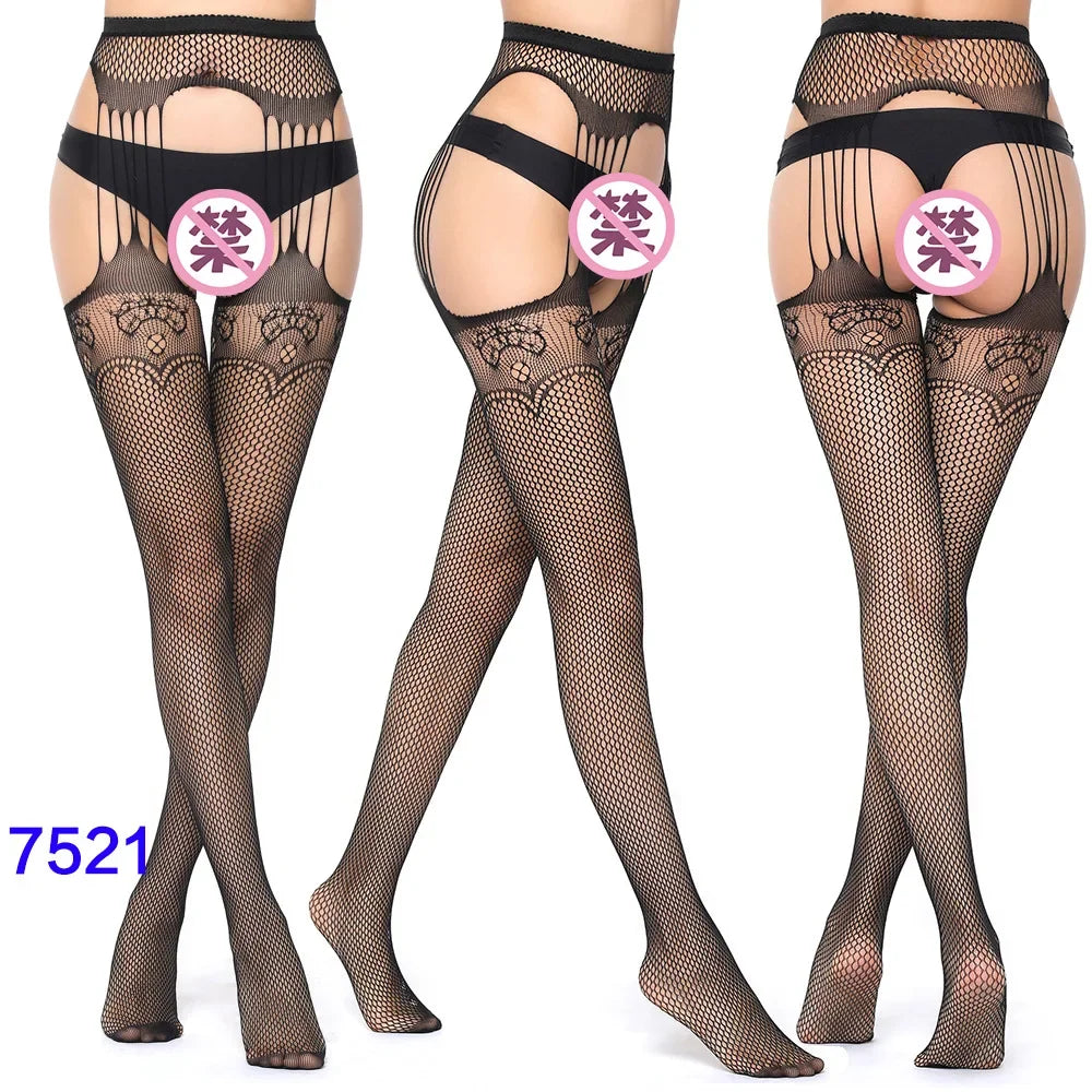 Women Black Stockings With Belt Set High Fishnet Tights Erotic Lingerie Sexy Pantyhose Floral Print Long Mesh Lace Stocking