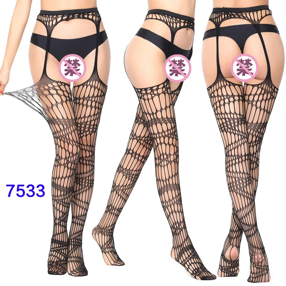 Women Black Stockings With Belt Set High Fishnet Tights Erotic Lingerie Sexy Pantyhose Floral Print Long Mesh Lace Stocking