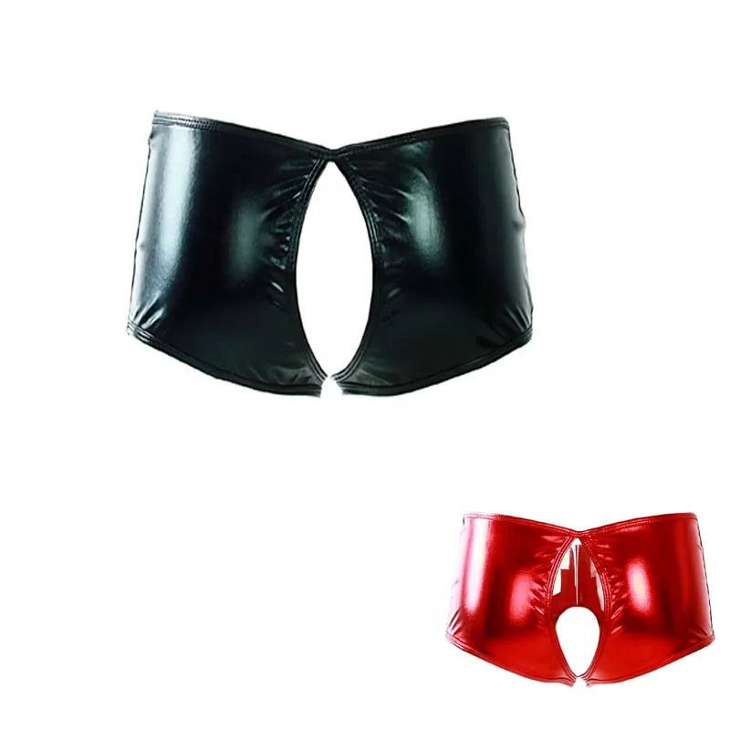 Women Underwear Lingerie Crotch Open Panties Wetlook Faux Leather Wet Look Crotchless Sexy Chastity Brief Shiny Underwear Pants