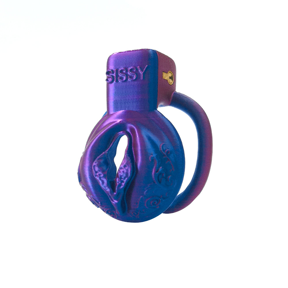 Laser Purple-Red Blue Pussy Vaginal Chastity Cage 5 Rings