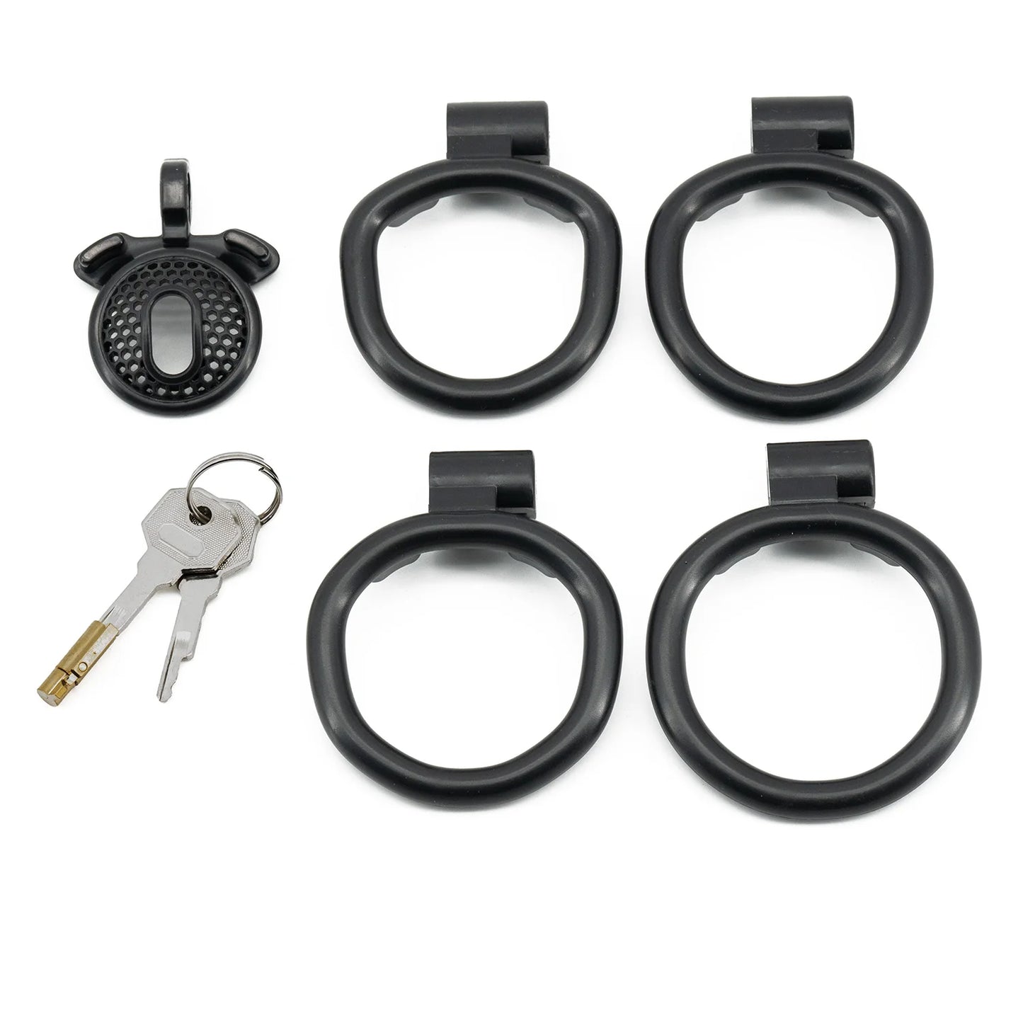 plastic flat short cock ring negative chastity cage device with 4 ring for male