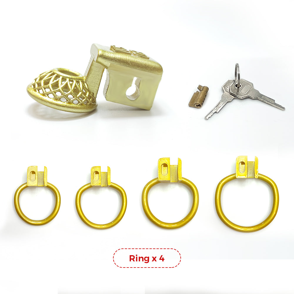 CDTS BDSM Golden Reticular Chastity Cage 4Rings