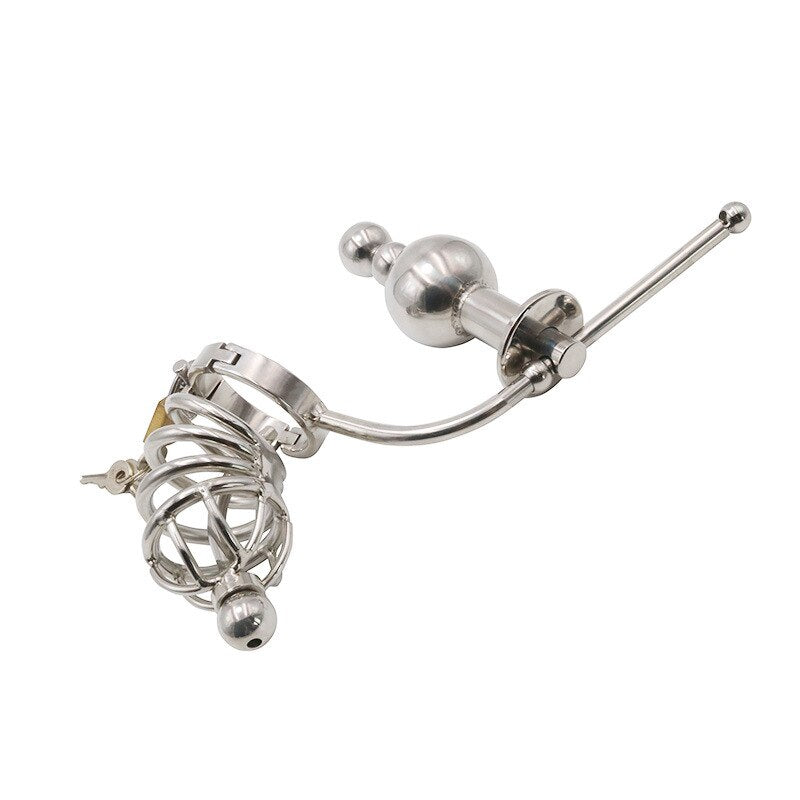 Stainless Steel Chastity Cage with Anal Plug