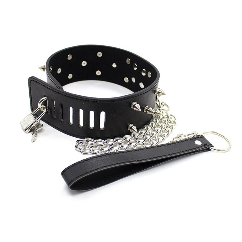 Spiked Slave Neck Collar With Chain Leash