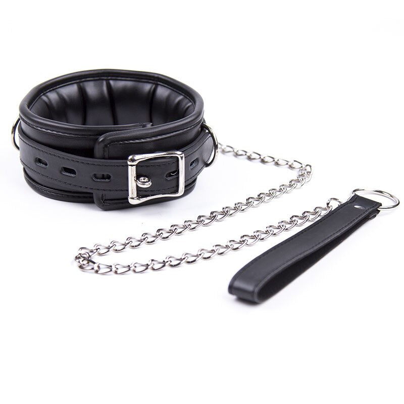 Slave Leather Neck Collar With Chain Leash