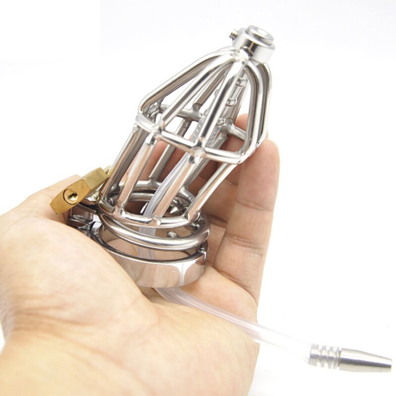 Slave Metal Cock Cage With Urethral Catheter