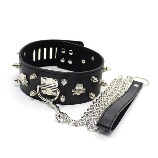 Spiked Slave Neck Collar With Chain Leash