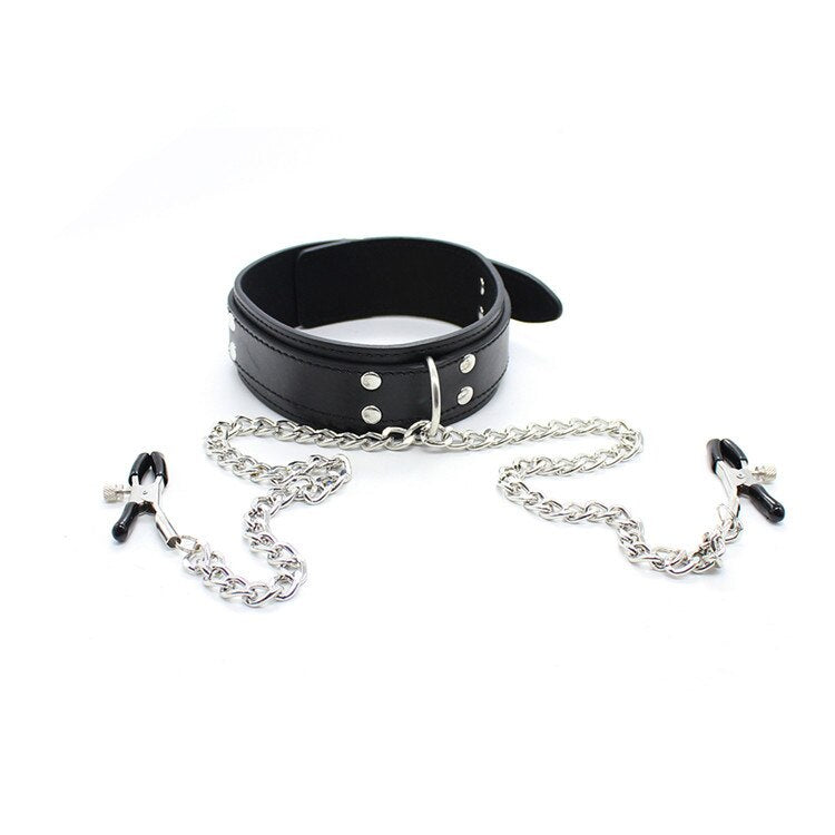 Erotic Slave Neck Collar With Metal Nipple Clamps