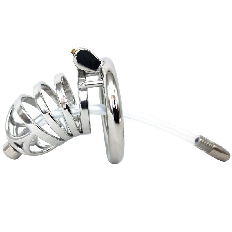 Stainless Steel Cock Cage With Urethral Catheter