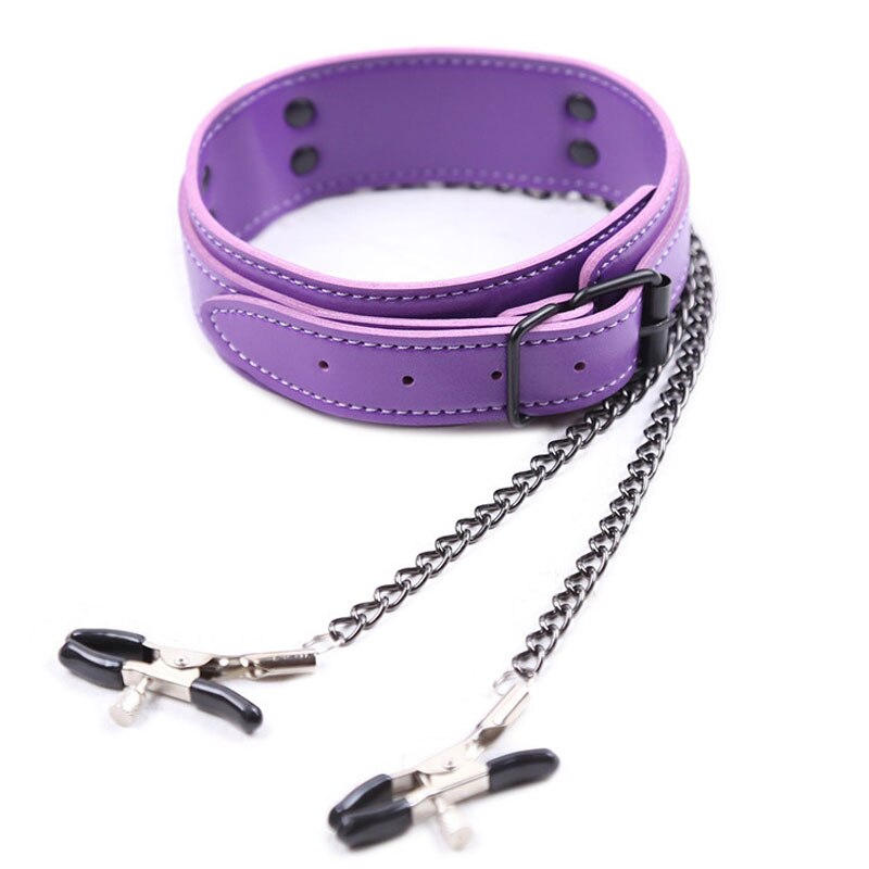 Erotic Slave Neck Collar With Metal Nipple Clamps