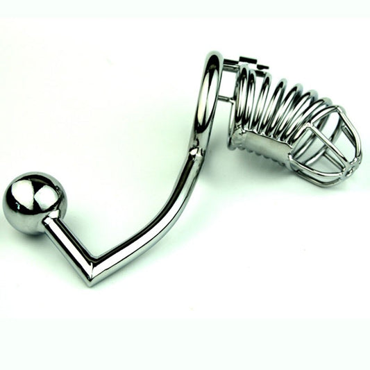 BDSM Metal Chastity Cage With Anal Hook